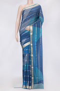 Peacock Blue Dual Tone Mysore Georgette Saree with Stripes on the body and Zari Border.  displayed on a mannequin