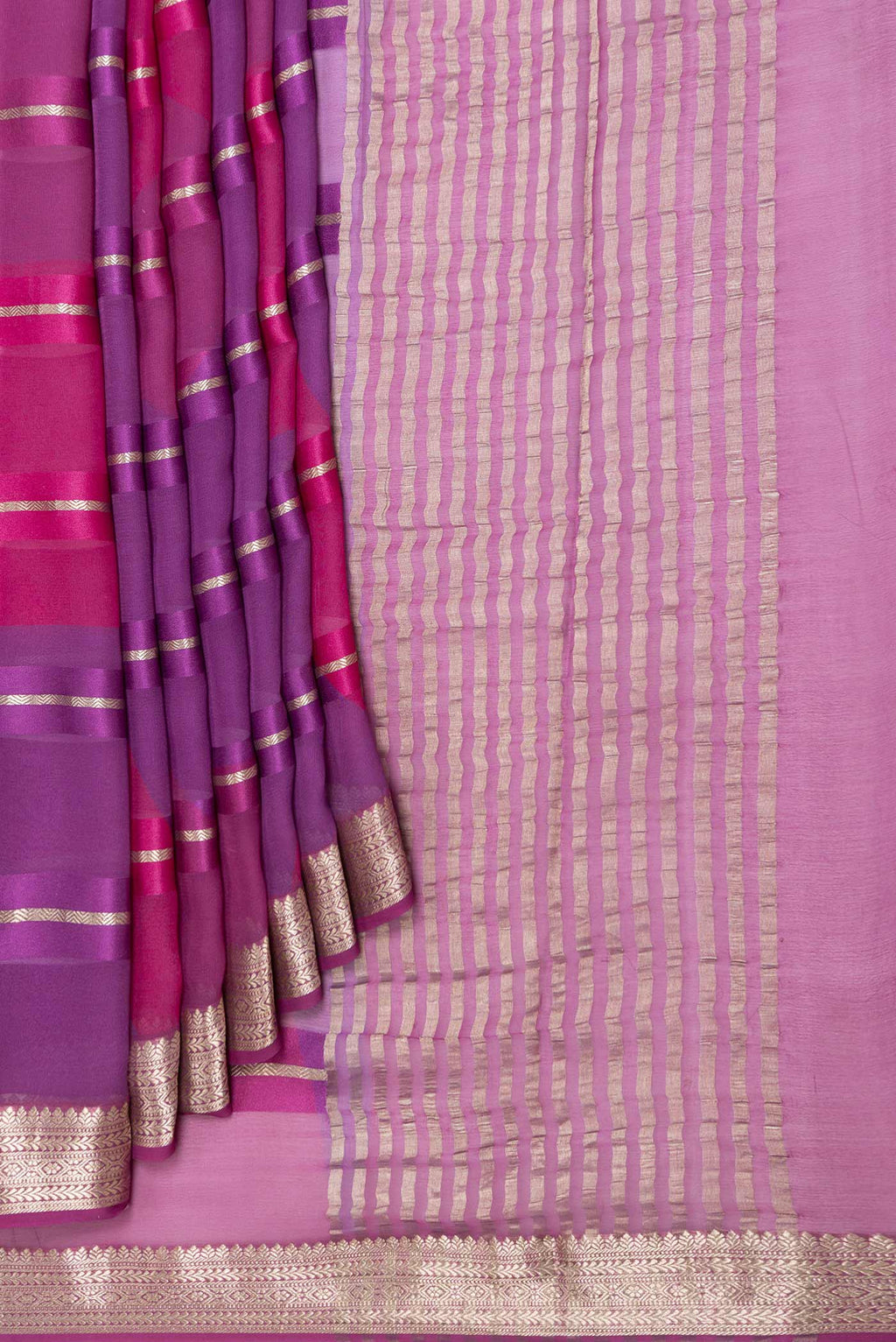 Pleats and pallu of Multi Color Mysore Georgette Saree with Stripes on the body and Zari Border