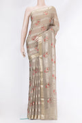 Grey Dual Tone Mysore Georgette Saree with Printed design on the body and Zari Border.  displayed on a mannequin