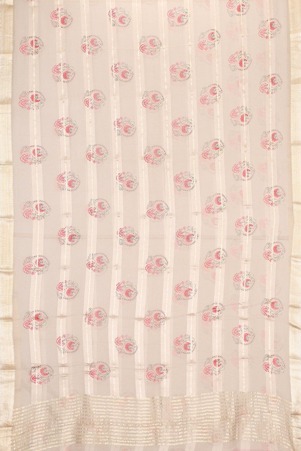 Flat view of Grey Dual Tone Mysore Georgette Saree with Printed design on the body and Zari Border. 