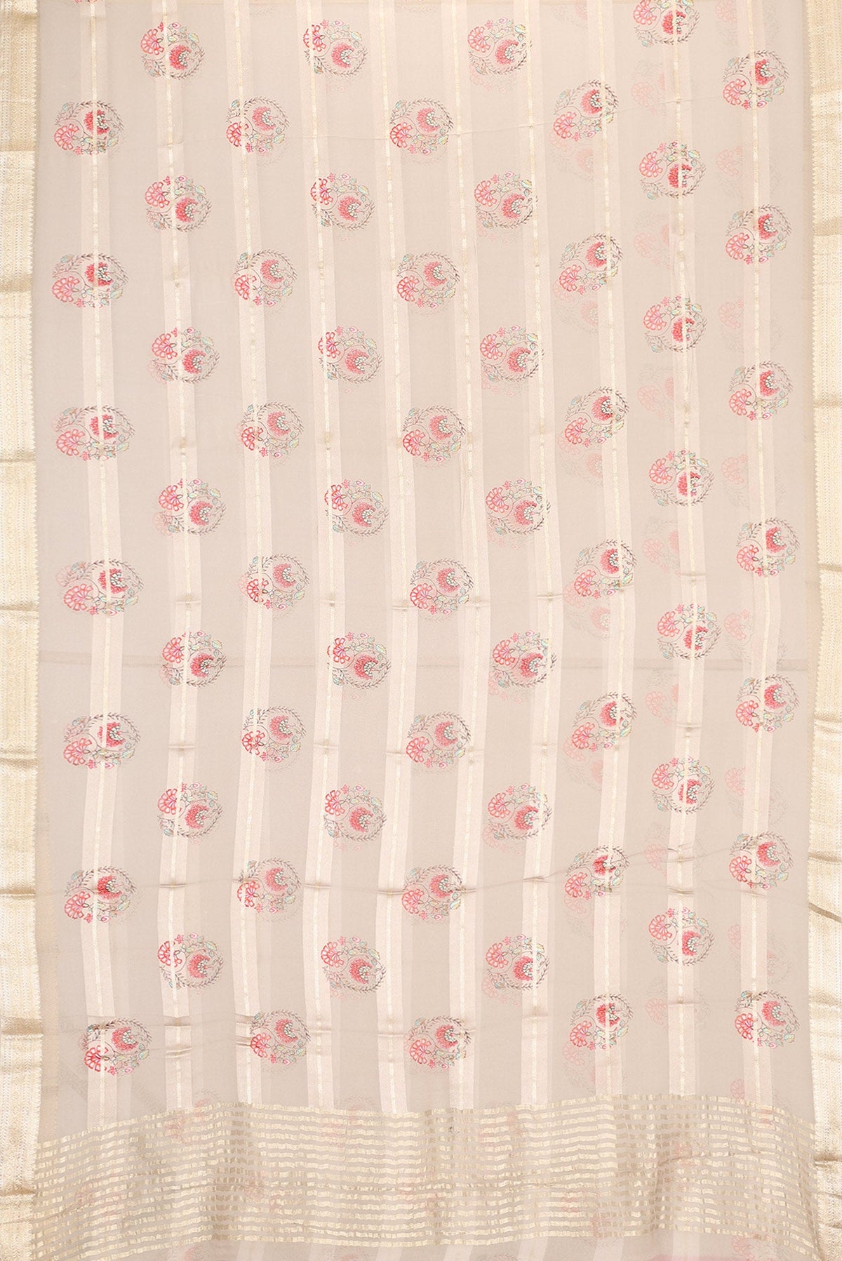 Flat view of Grey Dual Tone Mysore Georgette Saree with Printed design on the body and Zari Border. 