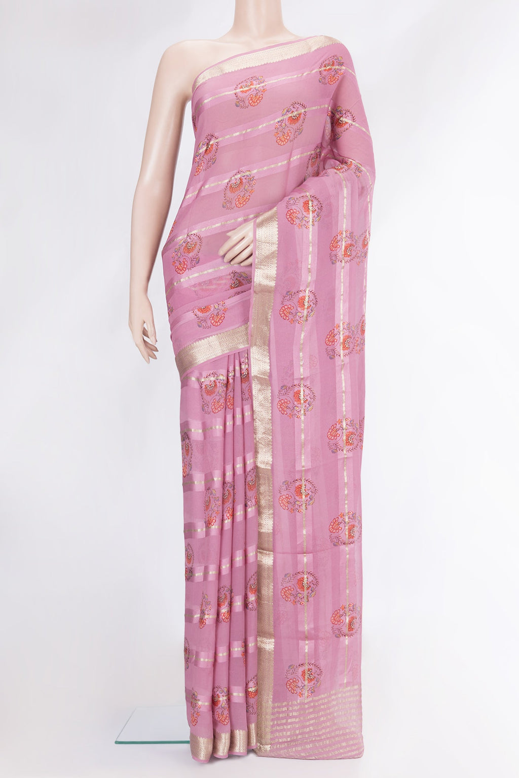 Pink Dual Tone Mysore Georgette Saree with Printed design on the body and Zari Border.  displayed on a mannequin