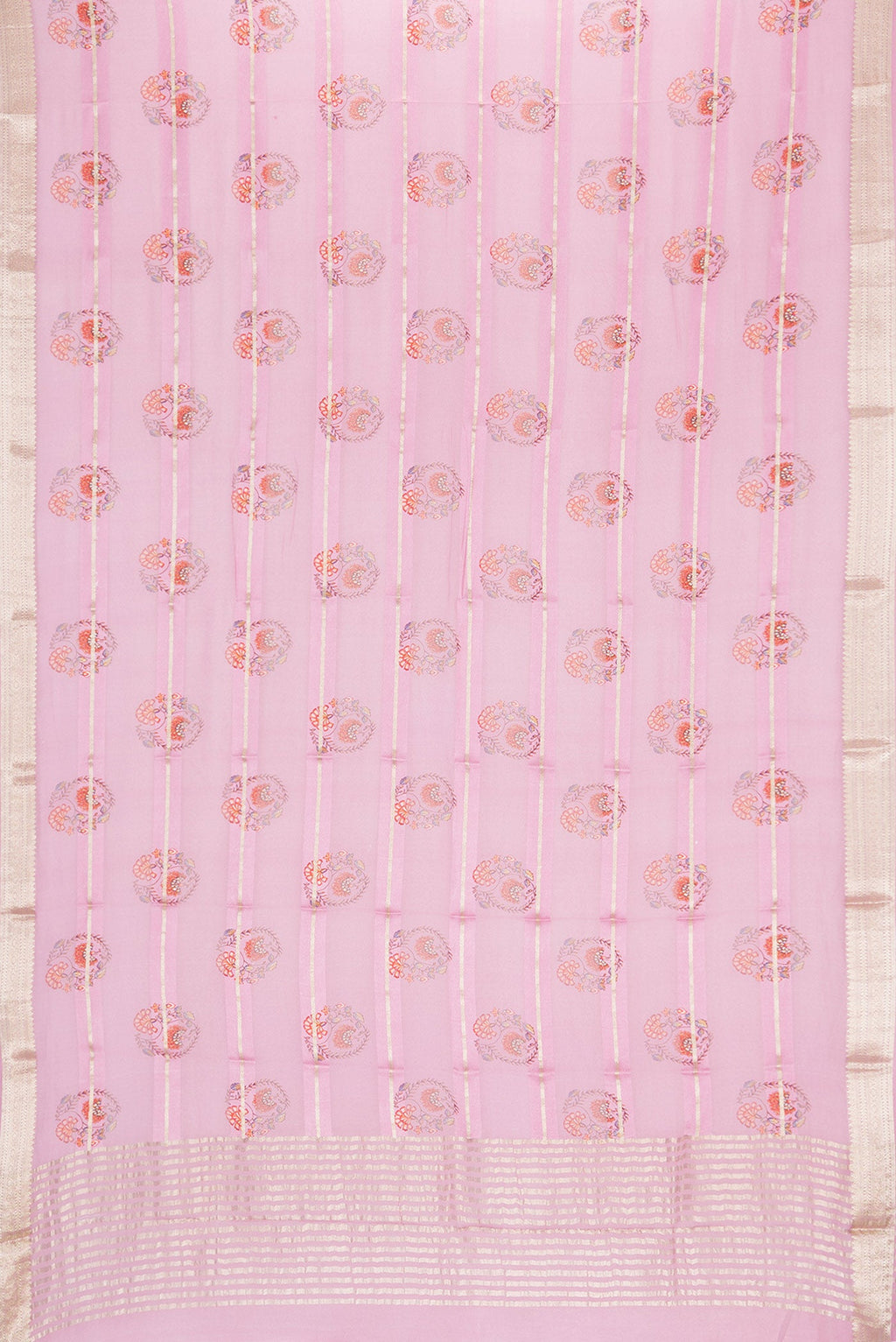 Flat view of Pink Dual Tone Mysore Georgette Saree with Printed design on the body and Zari Border. 