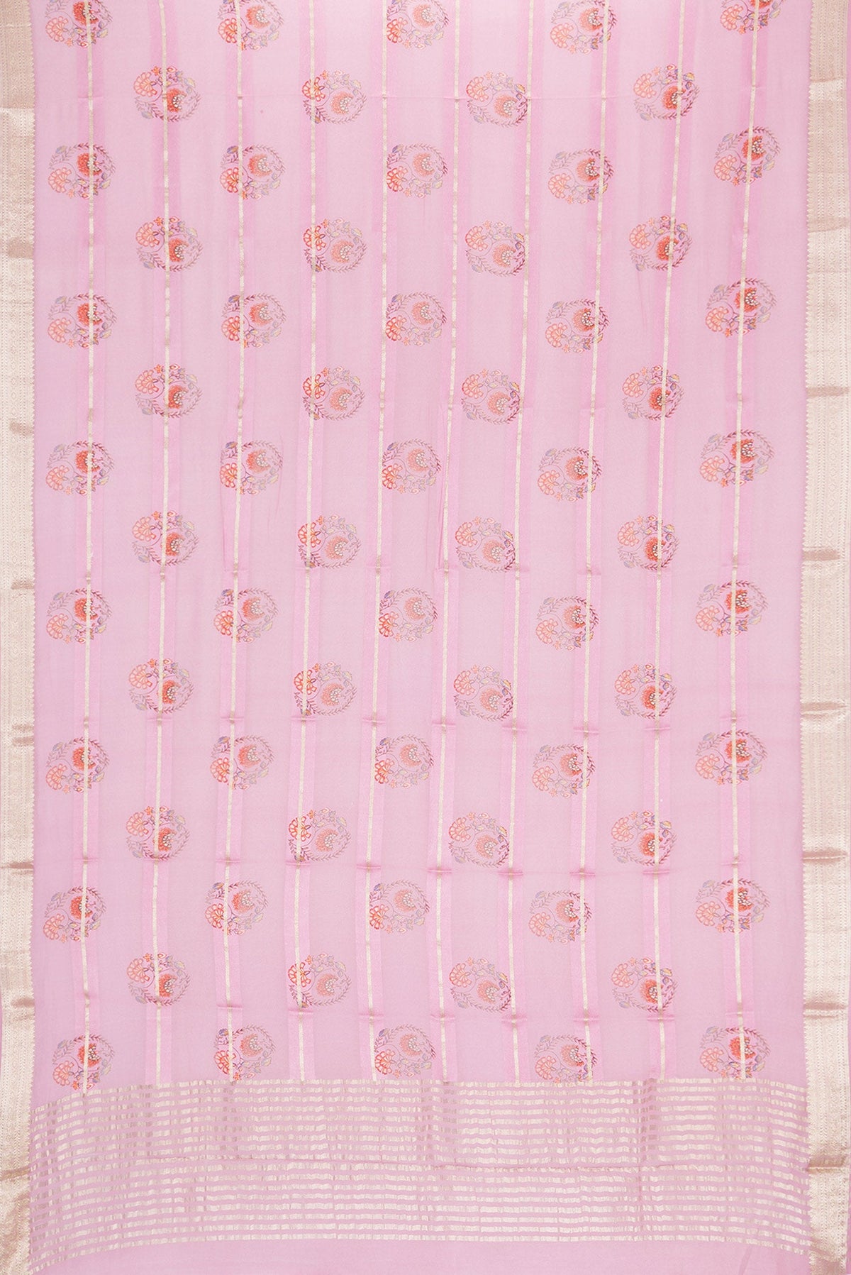 Flat view of Pink Dual Tone Mysore Georgette Saree with Printed design on the body and Zari Border. 