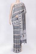 Grey Dual Tone Tussar Silk Saree with Printed design on the body and Embroidery Border displayed on a mannequin
