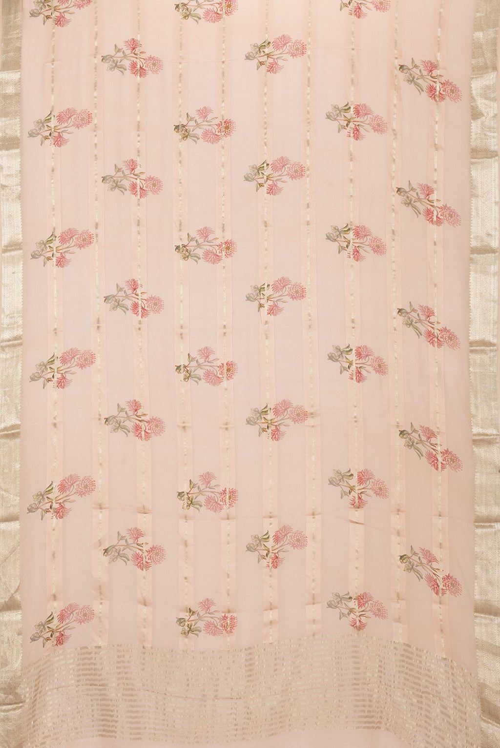 Flat view of Peach Dual Tone Mysore Georgette Saree with Stripes on the body and Zari Border. 