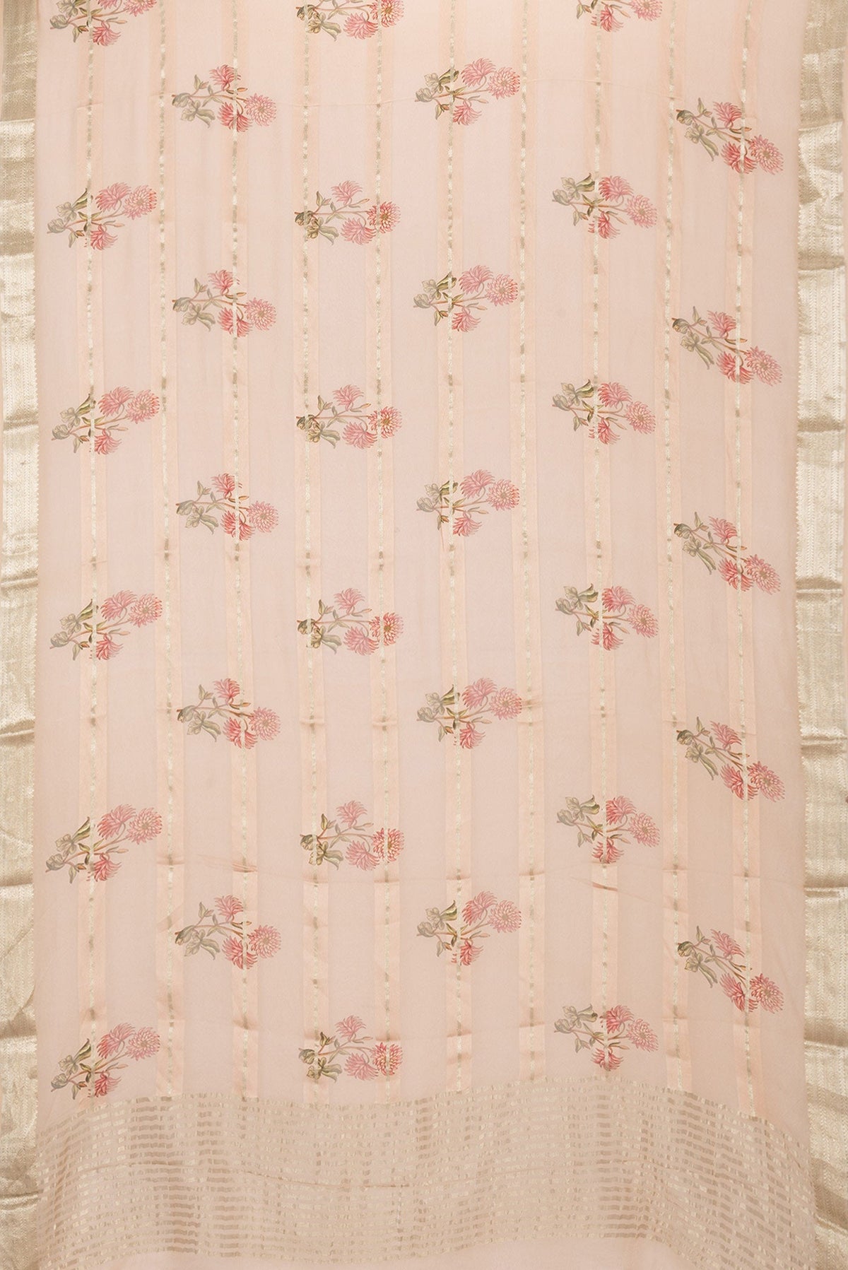 Flat view of Peach Dual Tone Mysore Georgette Saree with Stripes on the body and Zari Border. 