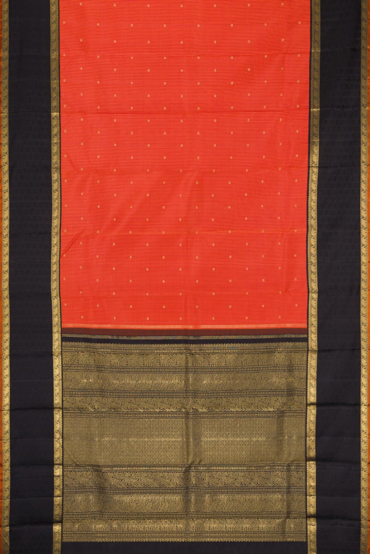 Flat view of Pure Silk Pure Zari Orange Dual Tone Kanchipuram Saree with Checked design on the body and Zari Border. 