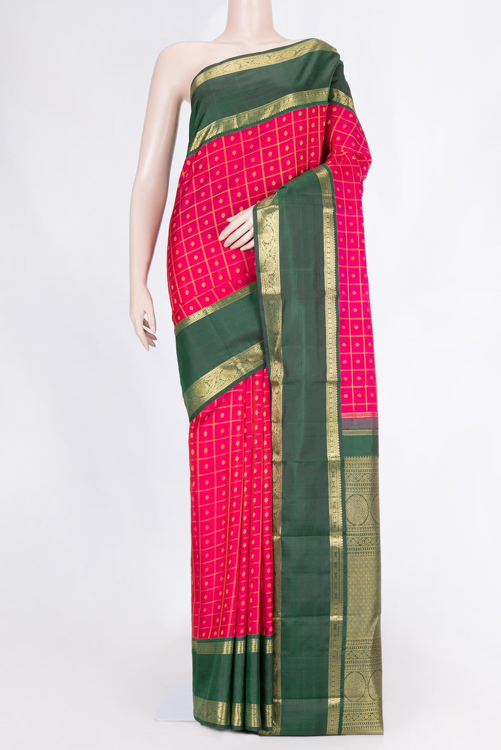 Pure Silk Pure Zari Pink Dual Tone Kanchipuram Saree with Thread Butta on the body and Zari Border displayed on a mannequin