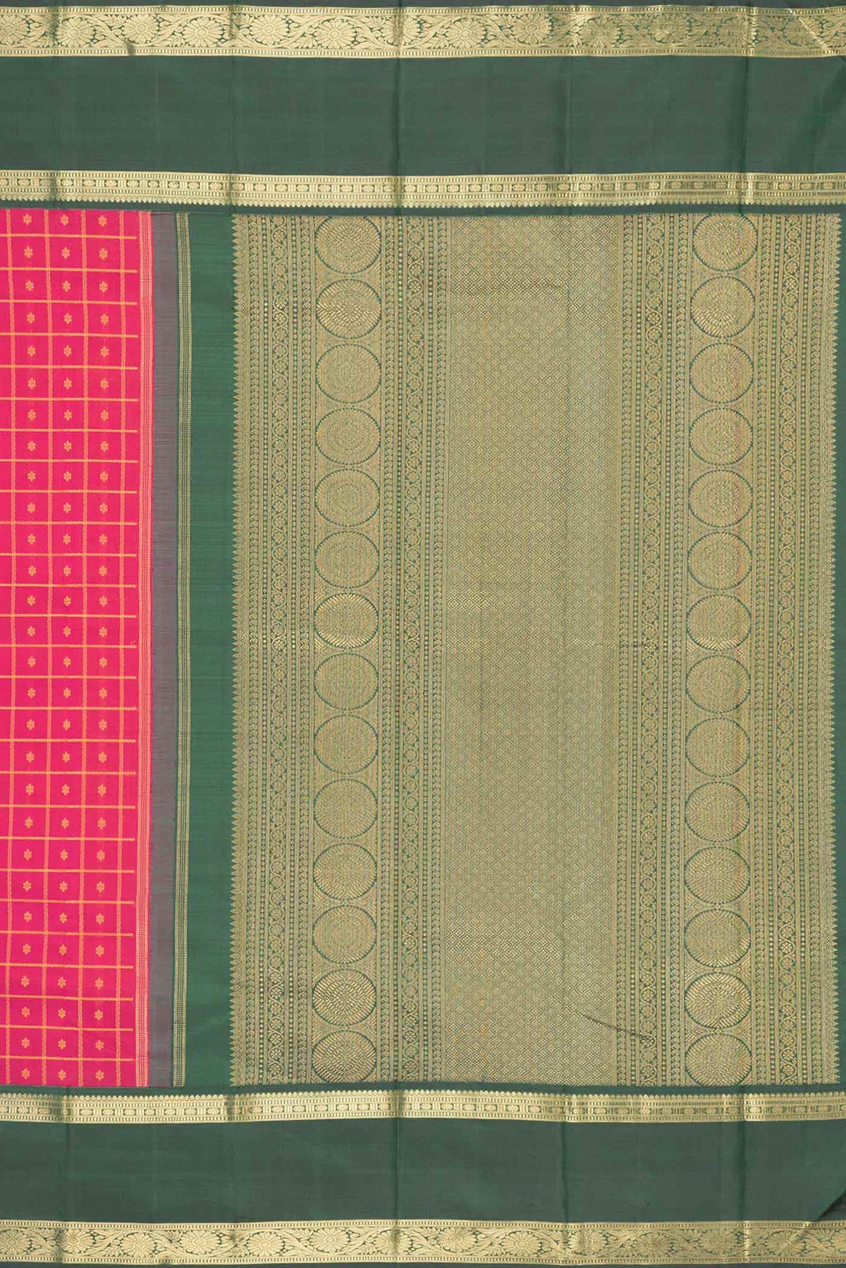 Close up image of the pallu of Pure Silk Pure Zari Pink Dual Tone Kanchipuram Saree with Thread Butta on the body and Zari Border