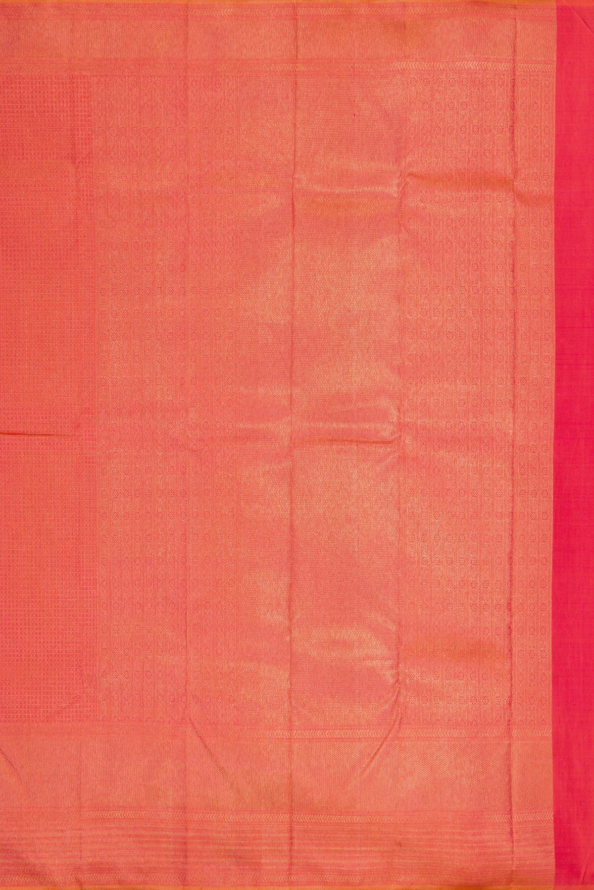 Close up image of the pallu of Brick Orange Dual Tone Kanjivaram Silk Saree with Zari Brocade on the body and Fancy Border. 