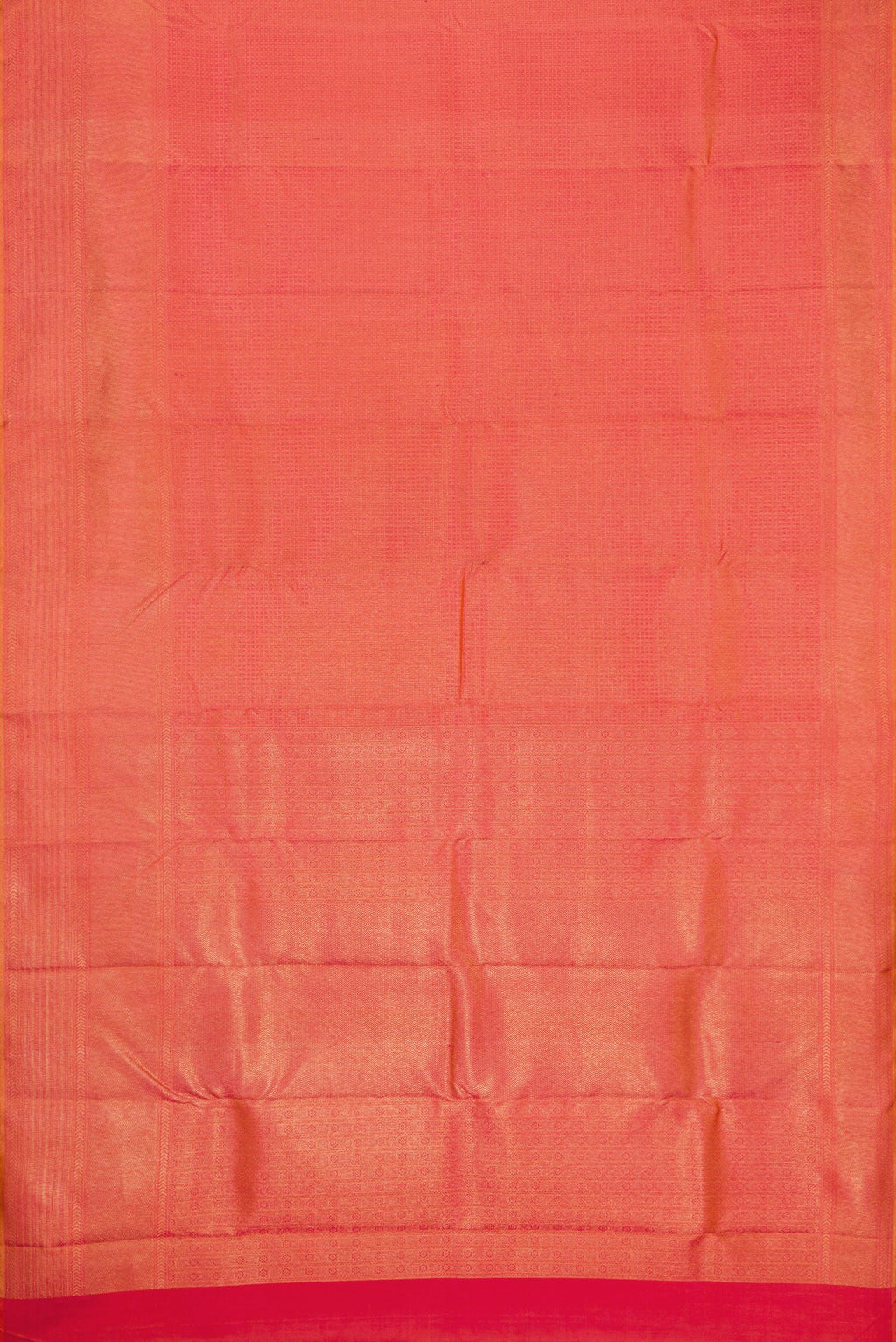 Flat view of Brick Orange Dual Tone Kanjivaram Silk Saree with Zari Brocade on the body and Fancy Border. 