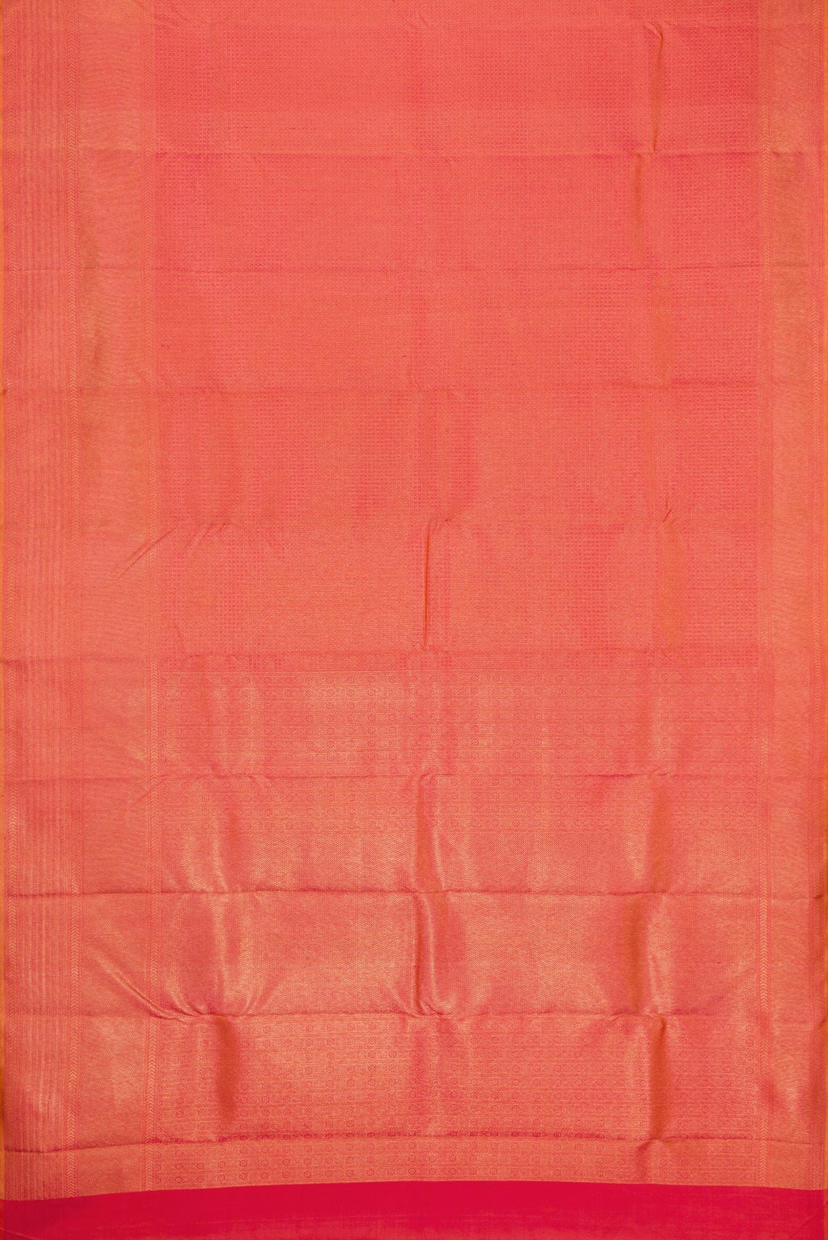 Flat view of Brick Orange Dual Tone Kanjivaram Silk Saree with Zari Brocade on the body and Fancy Border. 