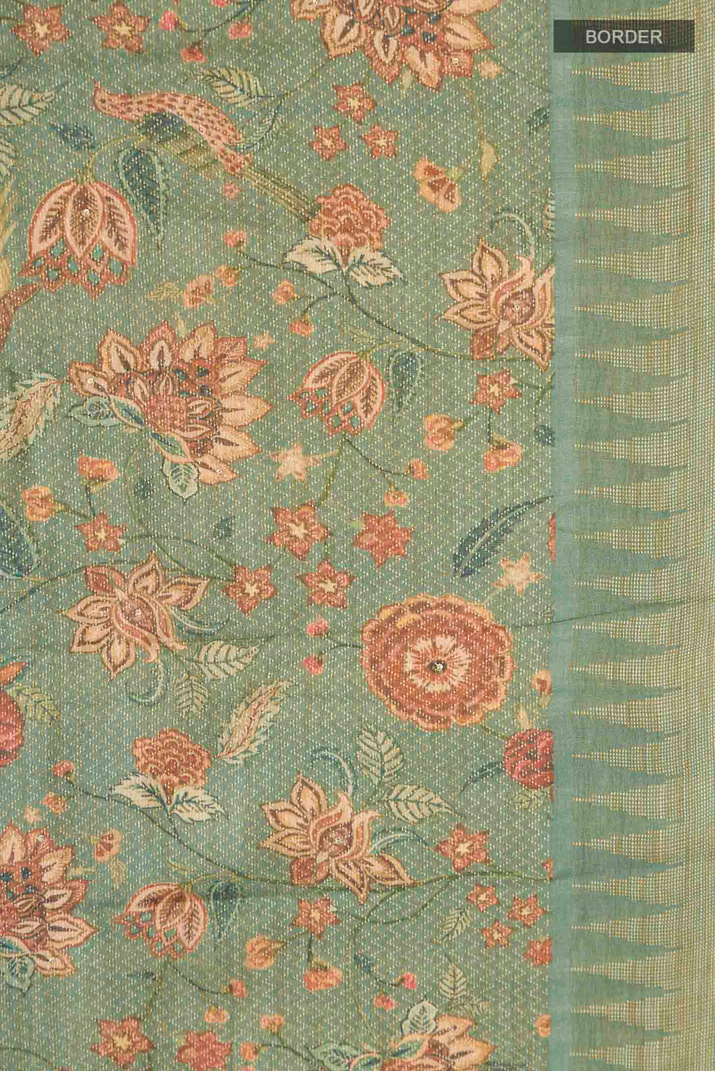 Border image of Green Tussar Silk Saree with Printed design on the body and Zari Border