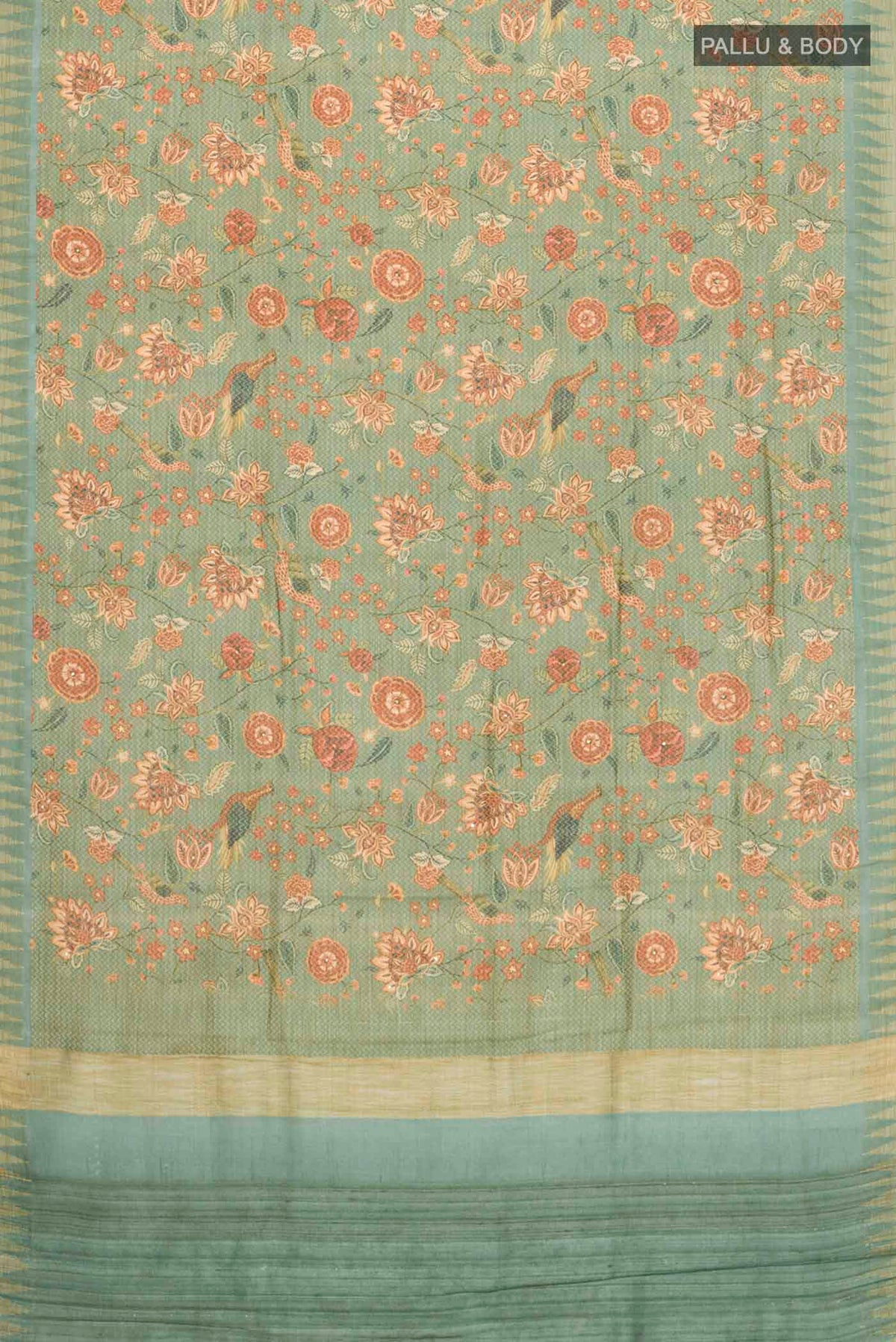 Flat view of Green Tussar Silk Saree with Printed design on the body and Zari Border
