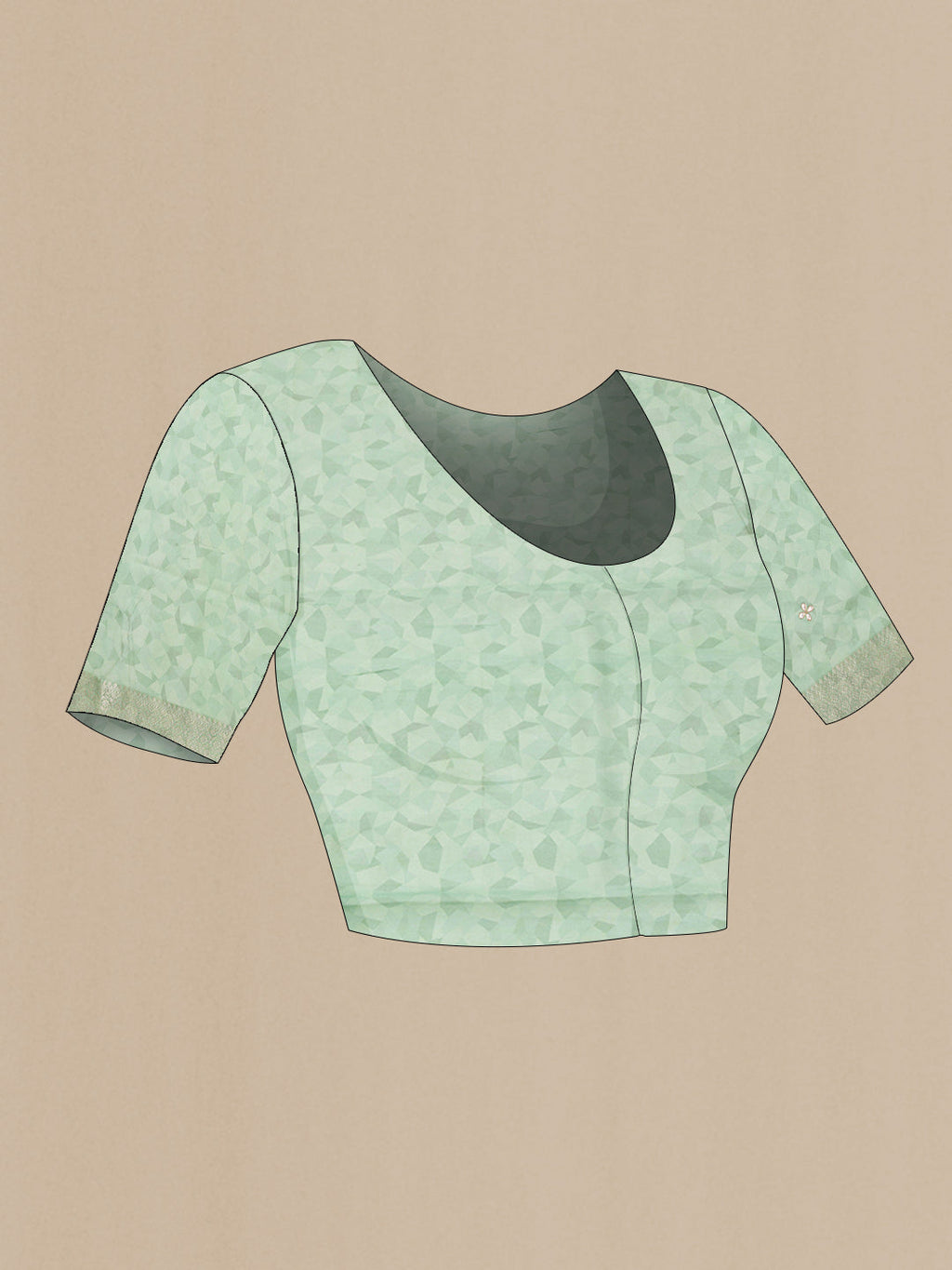 Close up image of the blouse of Sea Green Dual Tone Chanderi Silk Saree with Printed design on the body and Zari Border