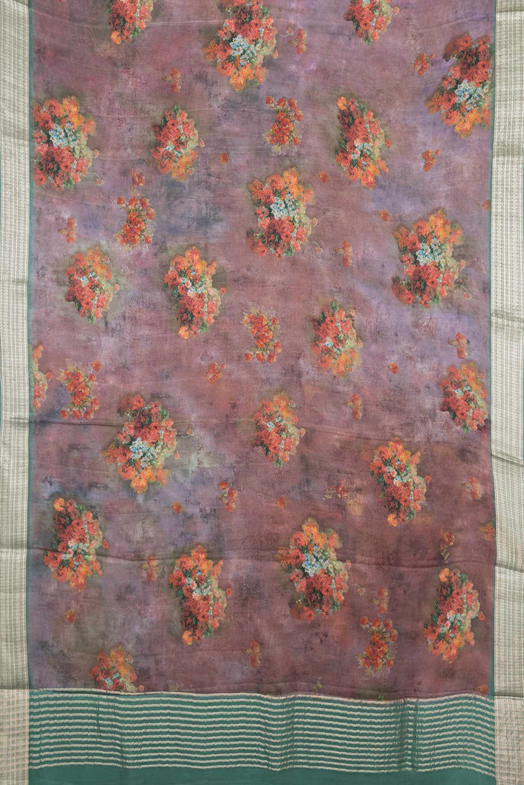 Flat view of Mauve Satin Silk Saree with Floral Print on the body and Zari Border
