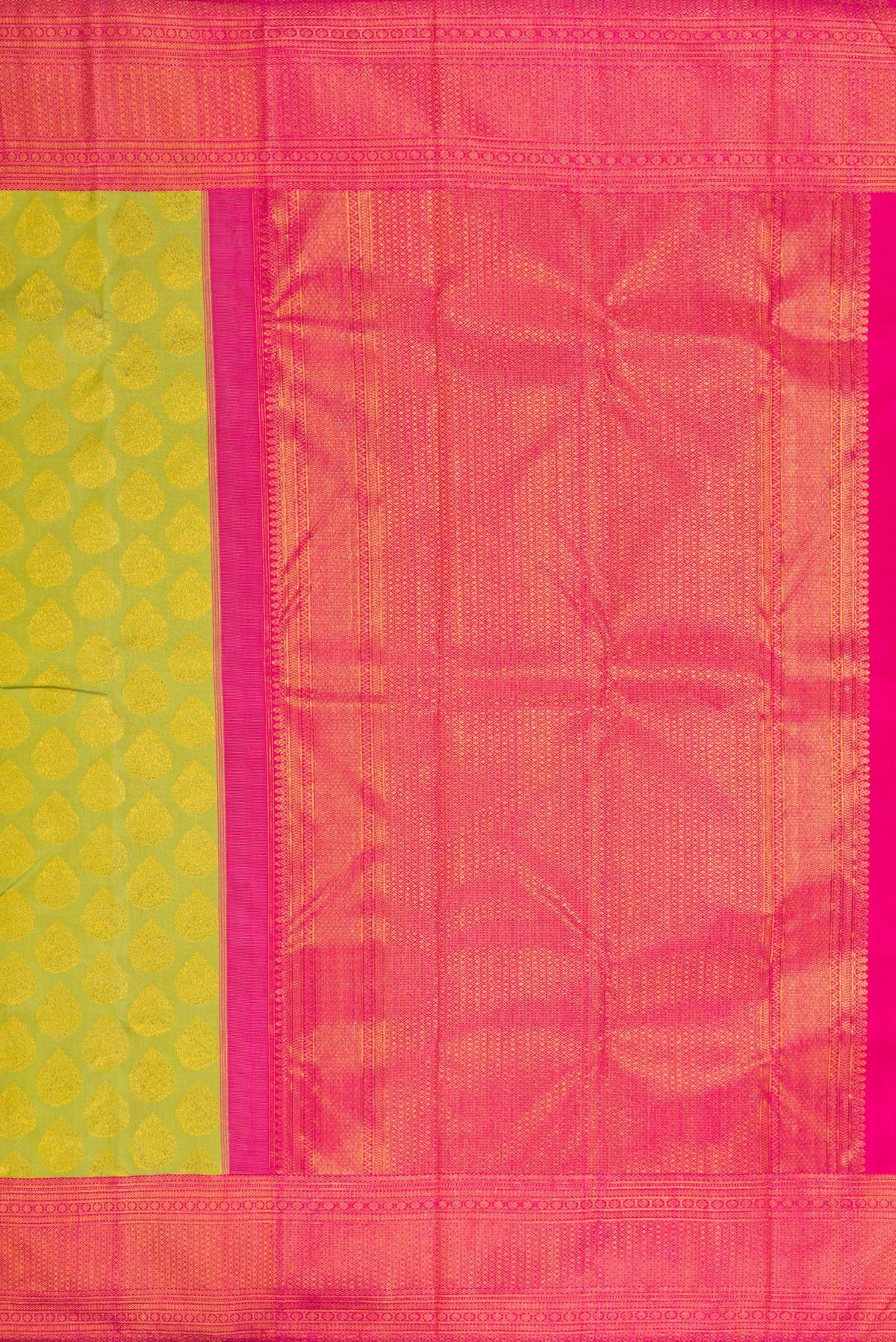 Close up image of the pallu of Parrot Green Dual Tone Kanjivaram Silk Saree with Zari Butta on the body and Zari Border. 