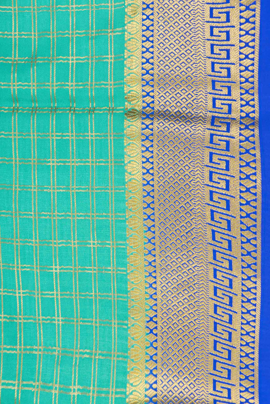 Border image of Sea Green Dual Tone Mysore Crepe Saree with Checked design on the body and Zari Border