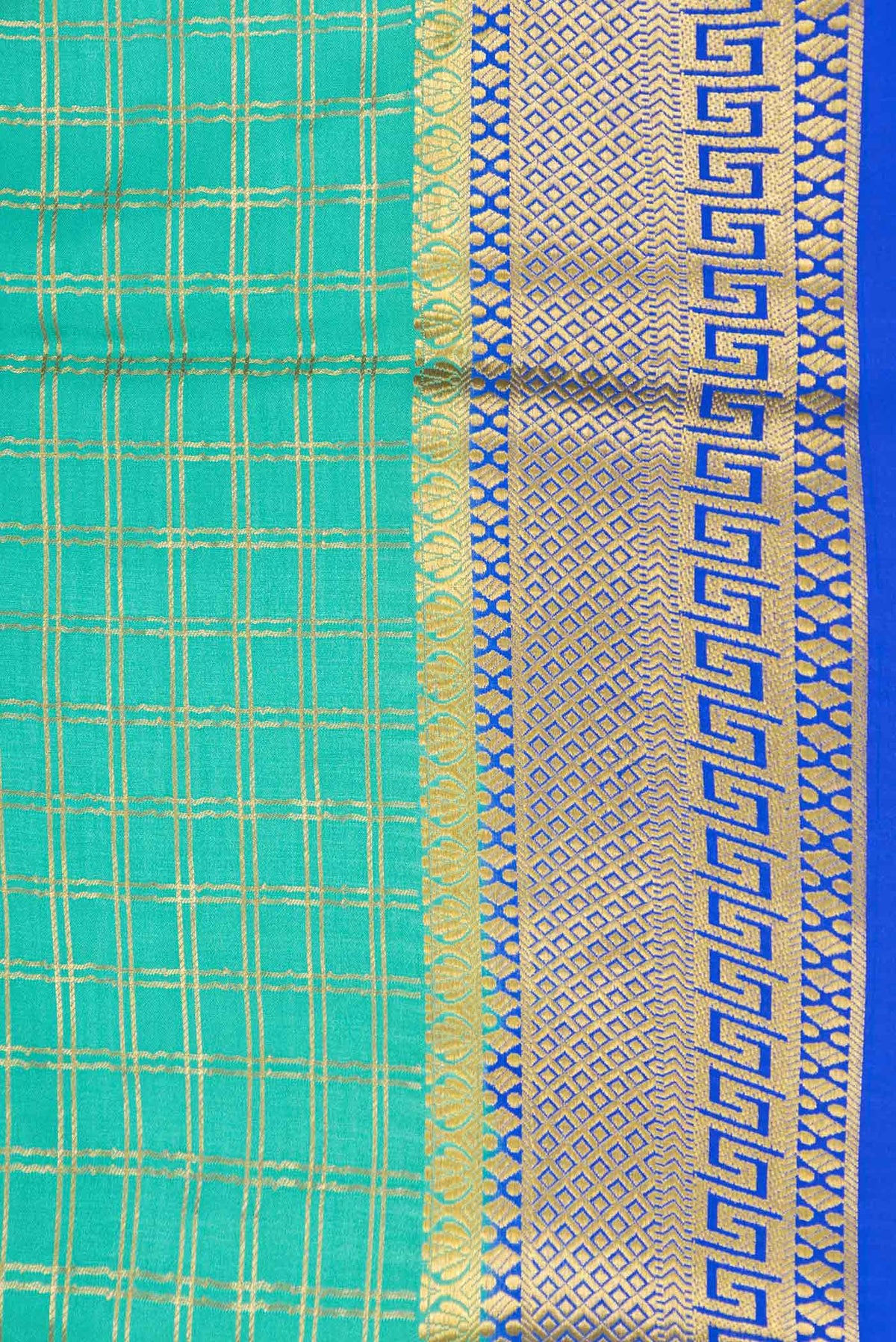 Border image of Sea Green Dual Tone Mysore Crepe Saree with Checked design on the body and Zari Border
