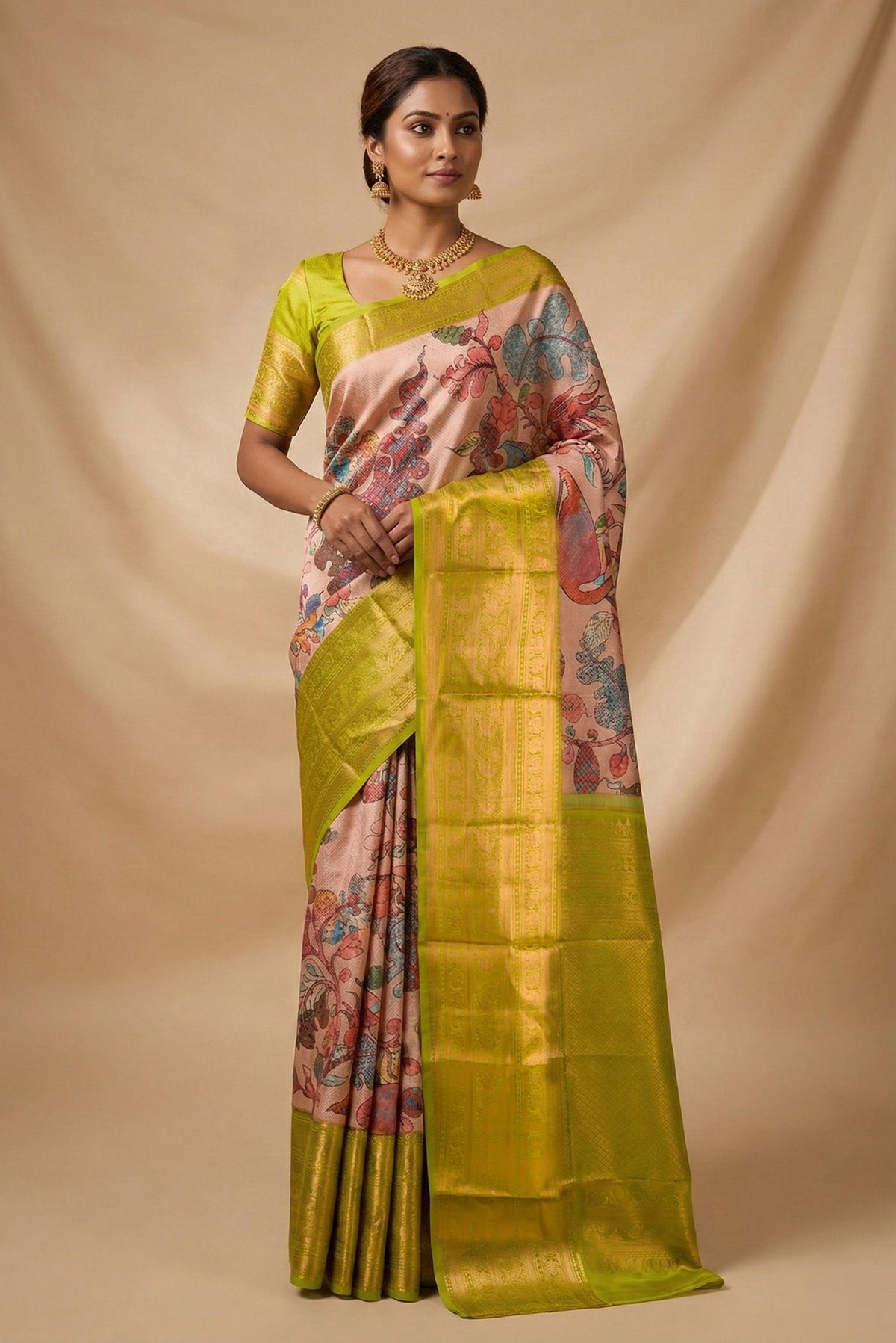 Model wearing a Rose Gold Dual Tone Kanchipuram Silk Saree with Printed design on the body and Zari Border.