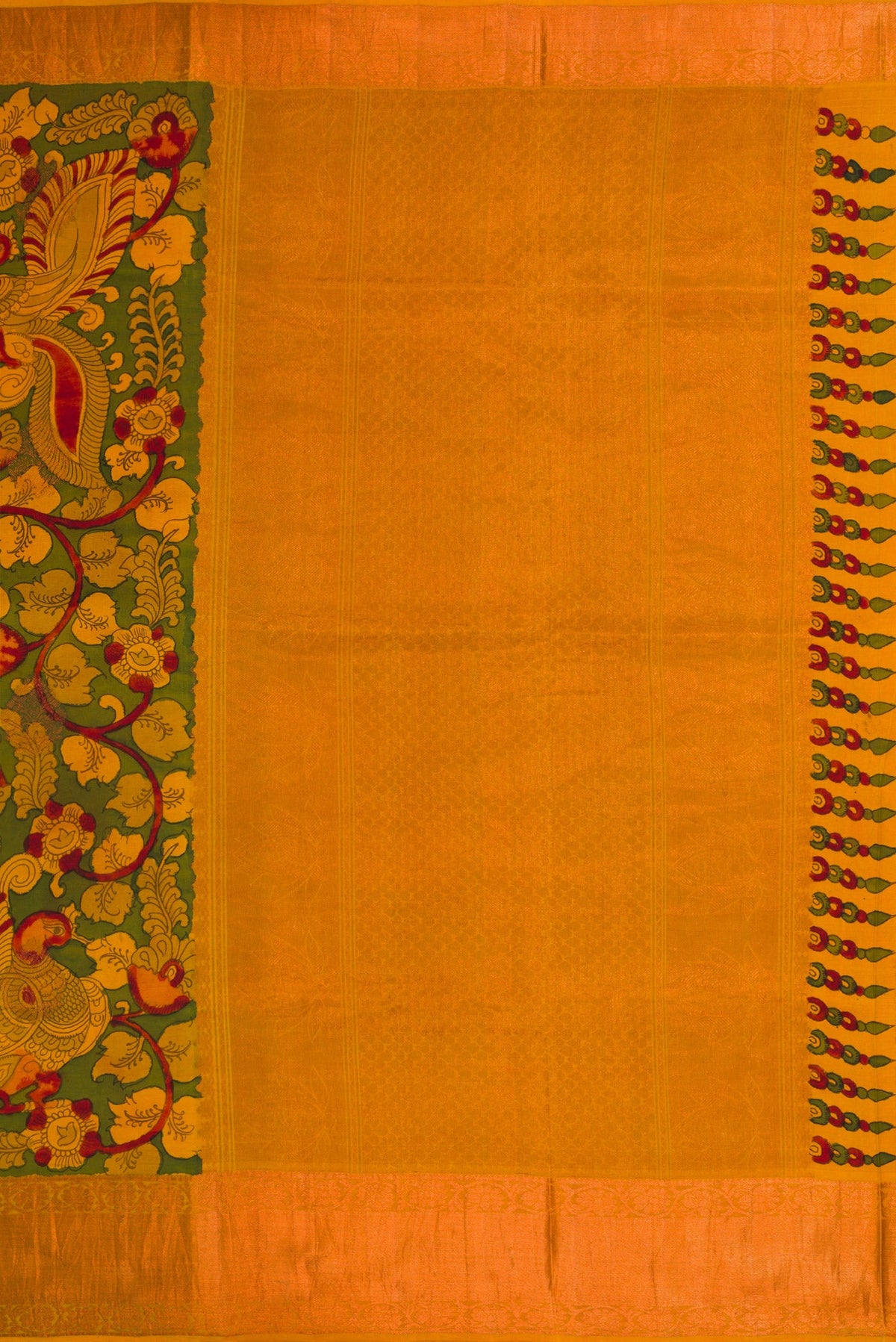 Close up image of the pallu of Green Dual Tone Kanchipuram Silk Saree with kalamkari Print on the body and Zari Border. 