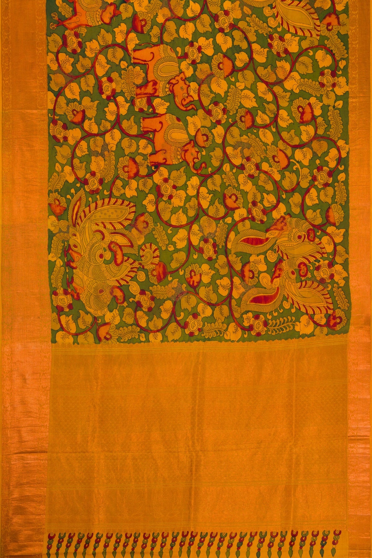 Flat view of Green Dual Tone Kanchipuram Silk Saree with kalamkari Print on the body and Zari Border. 