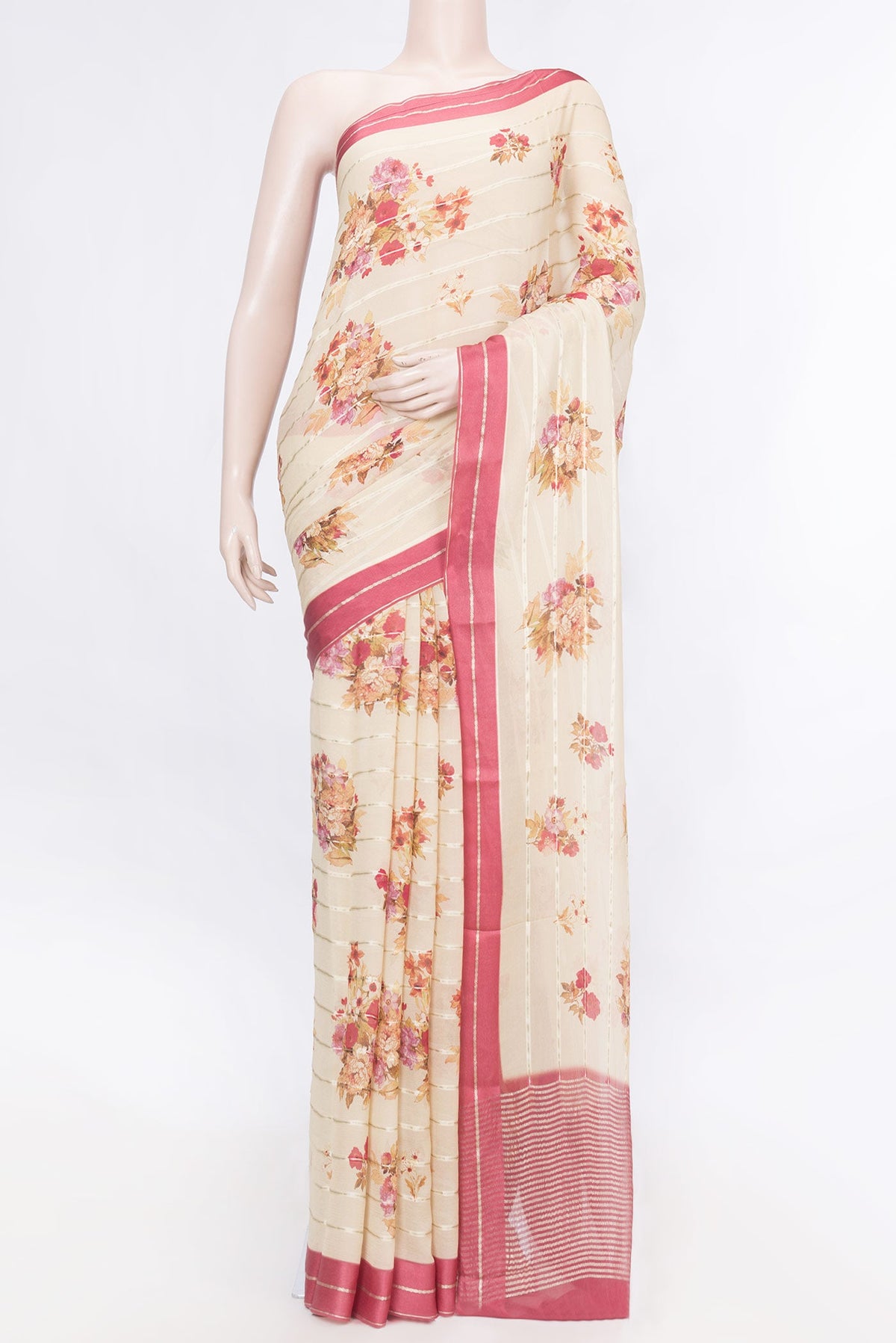Beige Dual Tone Mysore Georgette Saree with Stripes on the body and Zari Border displayed on a mannequin