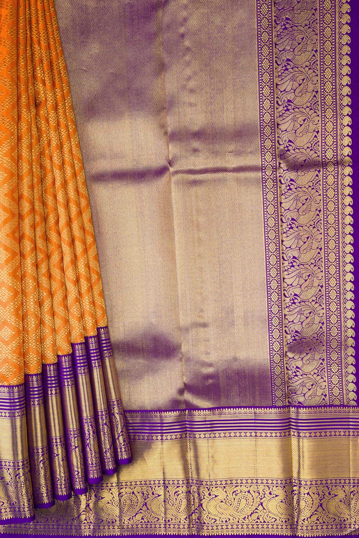 Pleats and pallu of Pure Silk Pure Zari Orange Dual Tone Kanjivaram Saree with Zari Brocade on the body and Zari Border. 