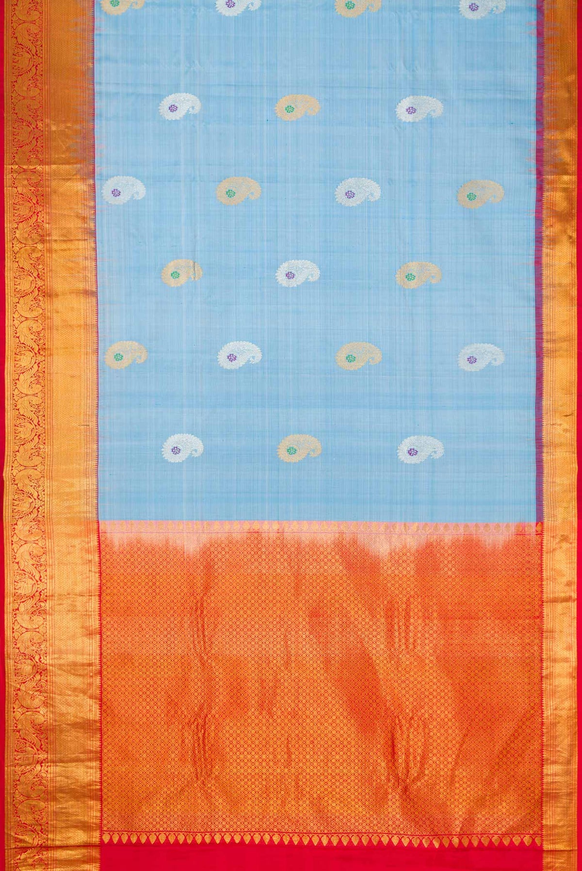 Flat view of Light Blue Dual Tone Gadwal Silk Saree with Zari Butta on the body and Zari Border