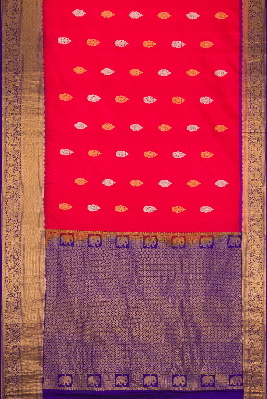Flat view of Red Dual Tone Gadwal Silk Saree with Zari Butta on the body and Zari Border. 