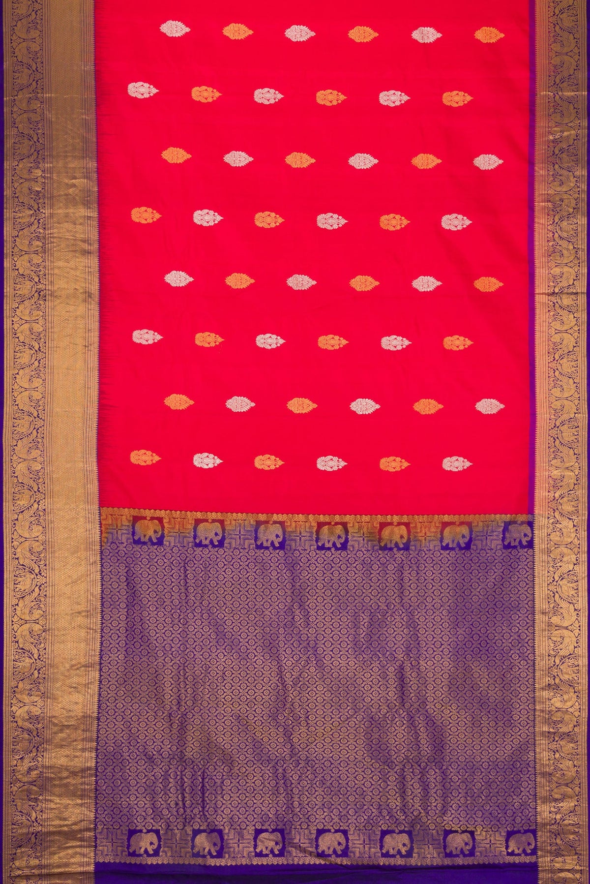 Flat view of Red Dual Tone Gadwal Silk Saree with Zari Butta on the body and Zari Border. 