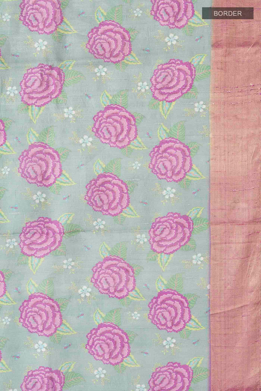 Border image of Green Tussar Silk Saree with Printed design on the body and Zari Border
