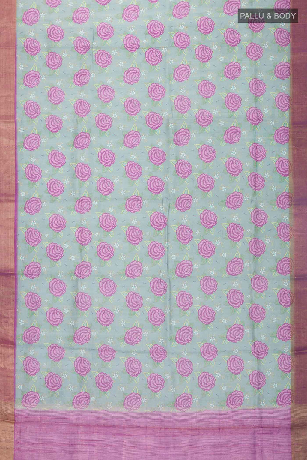 Flat view of Green Tussar Silk Saree with Printed design on the body and Zari Border