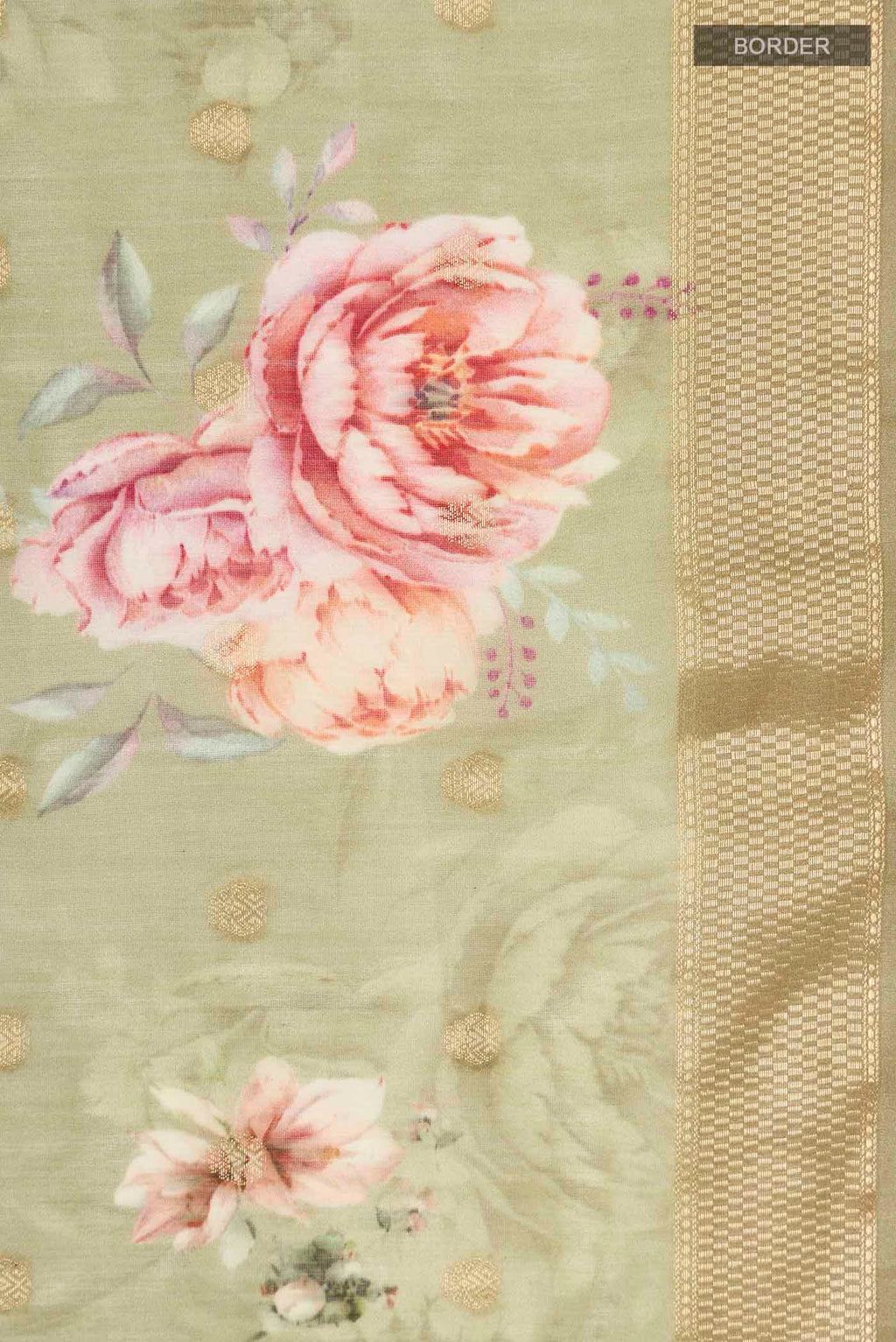 Border image of Green Silk Cotton Saree with Printed design on the body and Zari Border