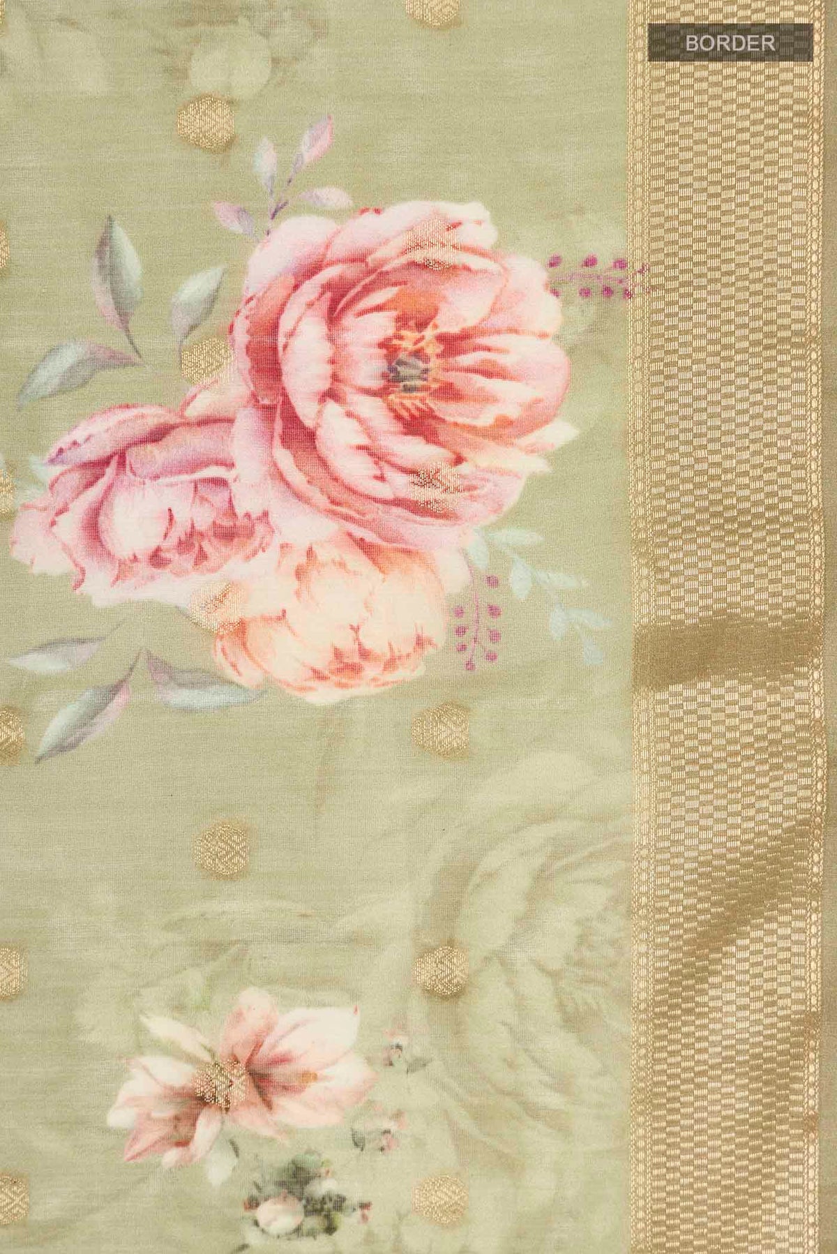 Border image of Green Silk Cotton Saree with Printed design on the body and Zari Border