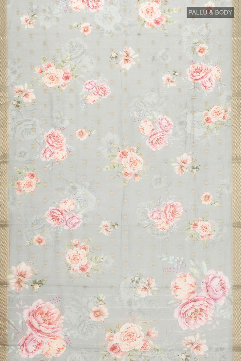 Flat view of Sage Green Silk Cotton Saree with Printed design on the body and Zari Border