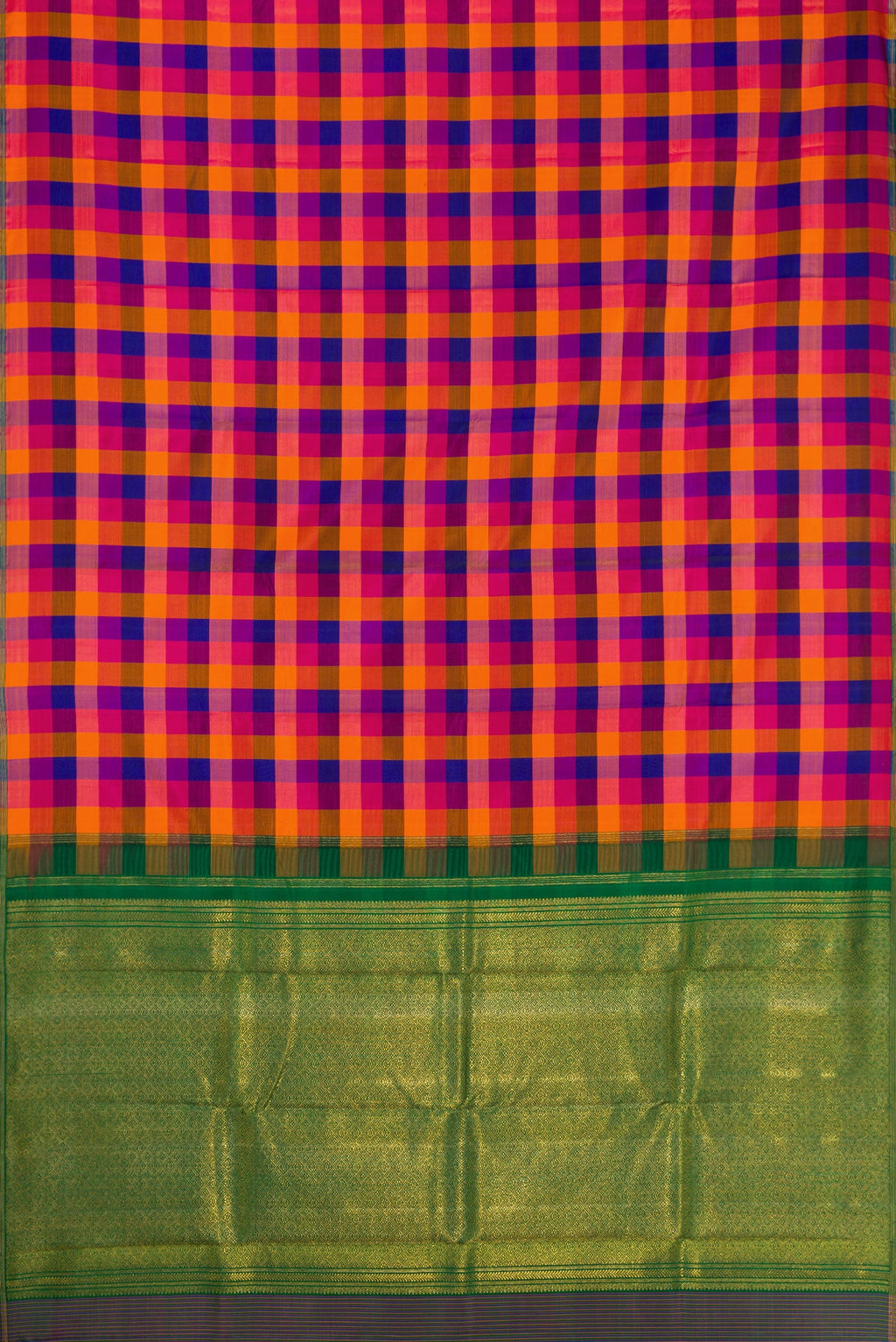Flat view of Multi Color Kanchipuram Silk Saree with Checked design on the body and Thin Zari Line. 