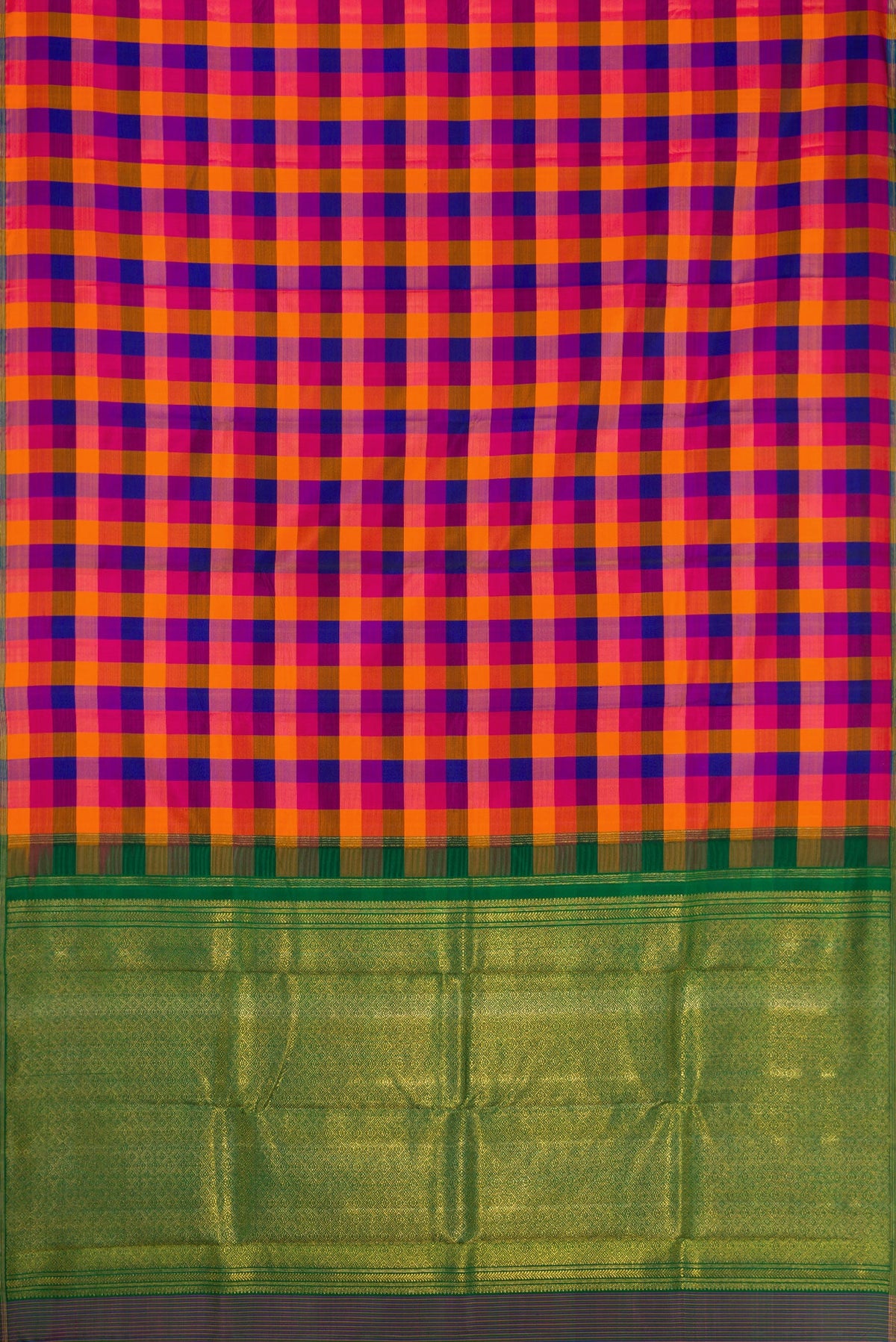 Flat view of Multi Color Kanchipuram Silk Saree with Checked design on the body and Thin Zari Line. 