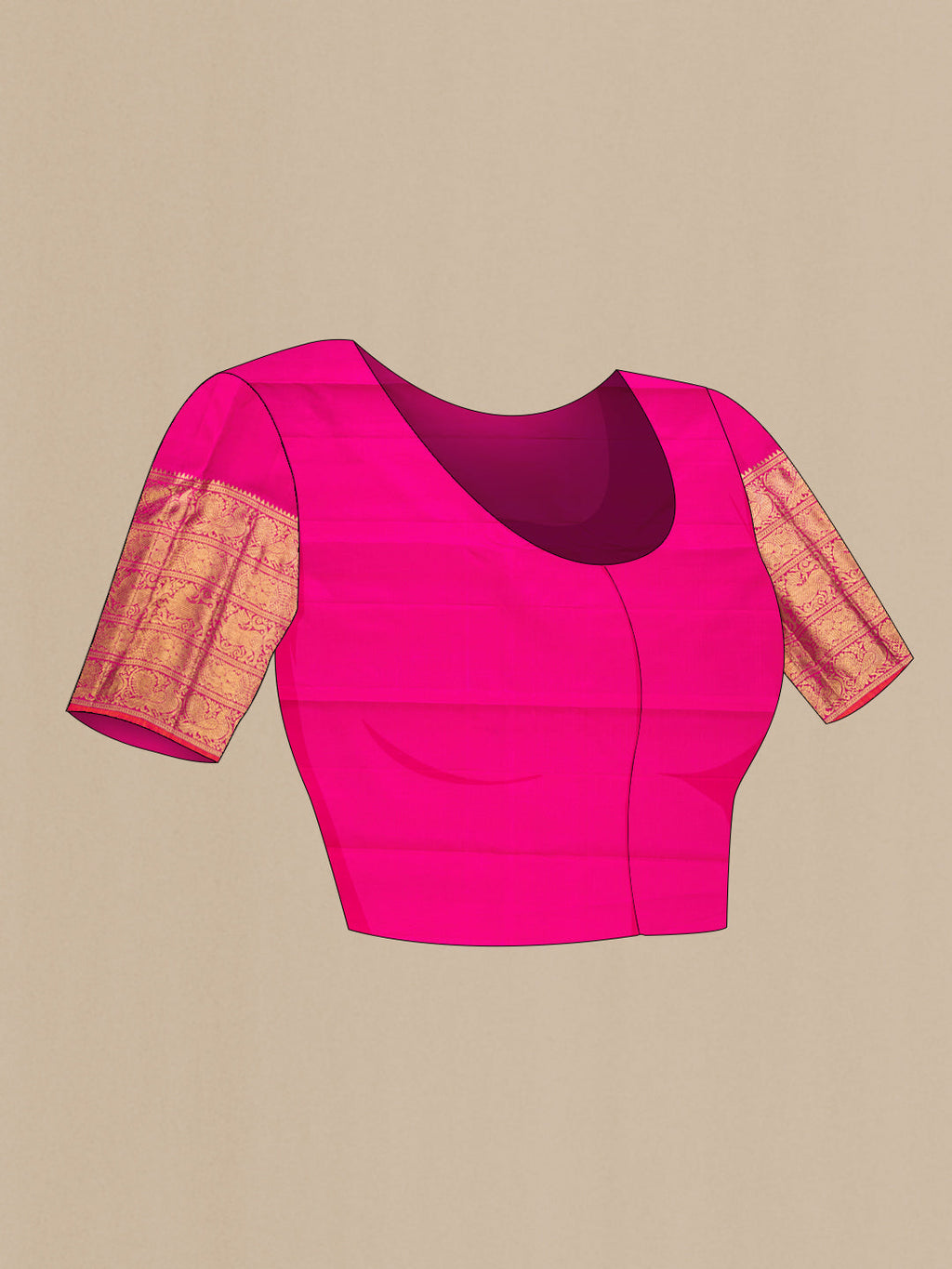 Close up image of the blouse of Pure Silk Pure Zari Magenta Dual Tone Kanjivaram Saree with Zari Brocade on the body and Zari Border. 