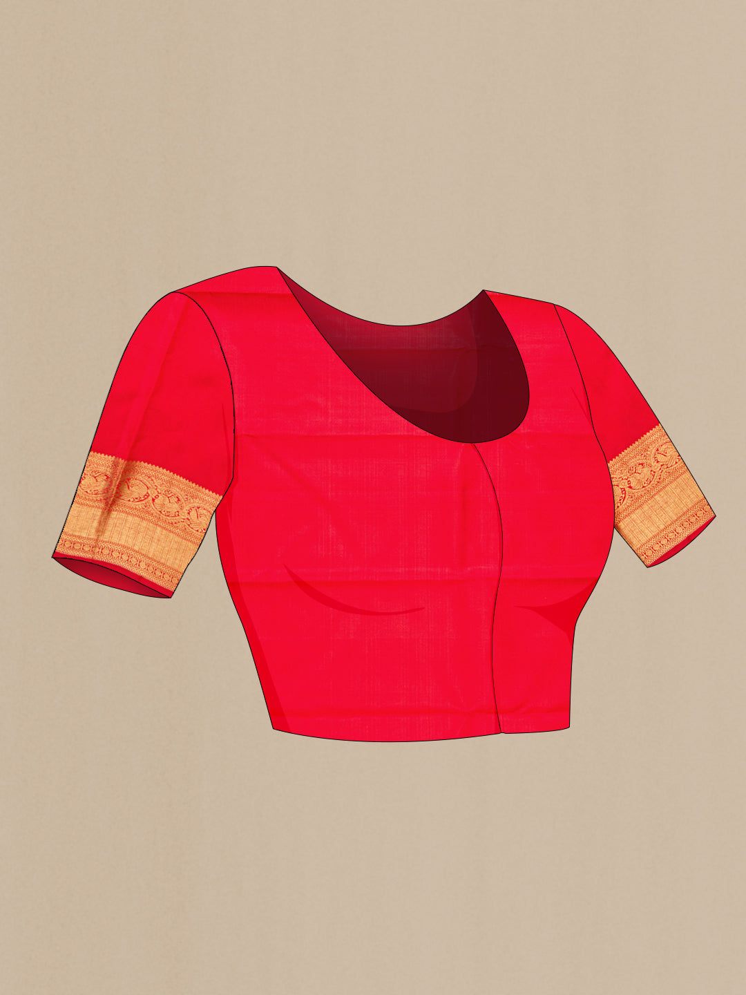 Close up image of the blouse of Pure Silk Pure Zari Red Dual Tone Kanjivaram Saree with Zari Brocade on the body and Zari Border. 