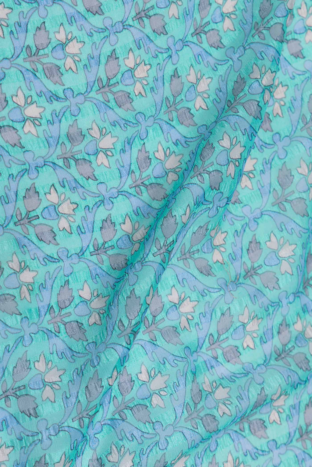 Close up of Blue Mysore Chiffon Saree with Printed design on the body and Printed Border displaying folds