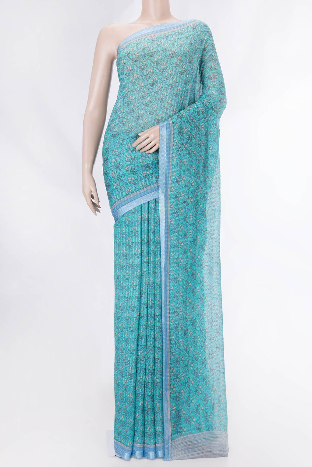 Blue Mysore Chiffon Saree with Printed design on the body and Printed Border displayed on a mannequin