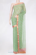 Green Dual Tone Mysore Chiffon Saree with Printed design on the body and Zari Border.  displayed on a mannequin