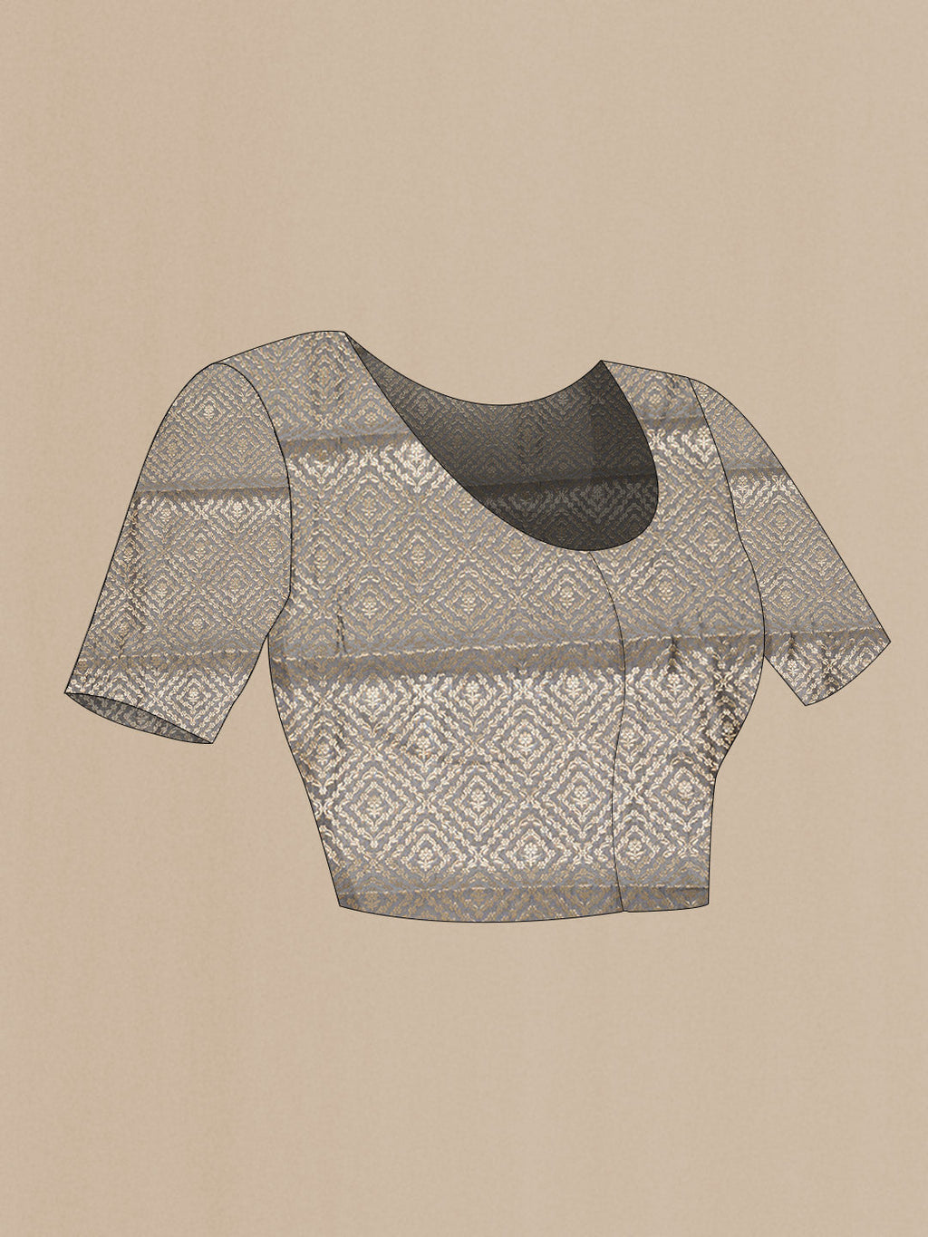 Close up image of the blouse of Grey Dual Tone Mysore Georgette Saree With Printed design on the body and Zari Border