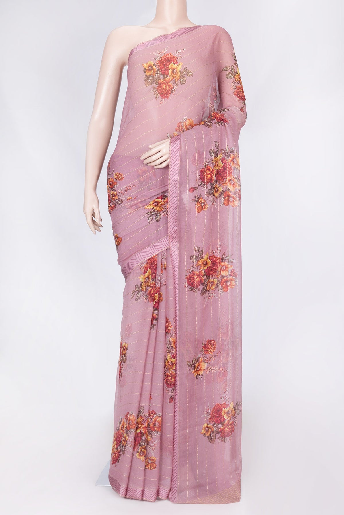 Pink Dual Tone Mysore Chiffon Saree with Printed design on the body and Zari Border displayed on a mannequin