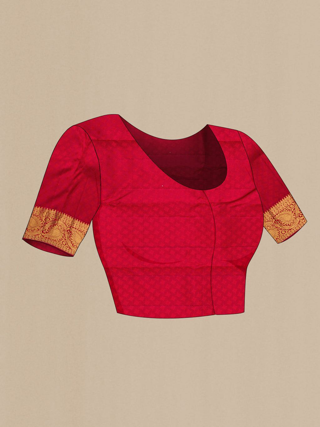 Close up image of the blouse of Pure Silk Pure Zari Maroon Kanjivaram Saree with Jacquard design on the body and Zari Border. 