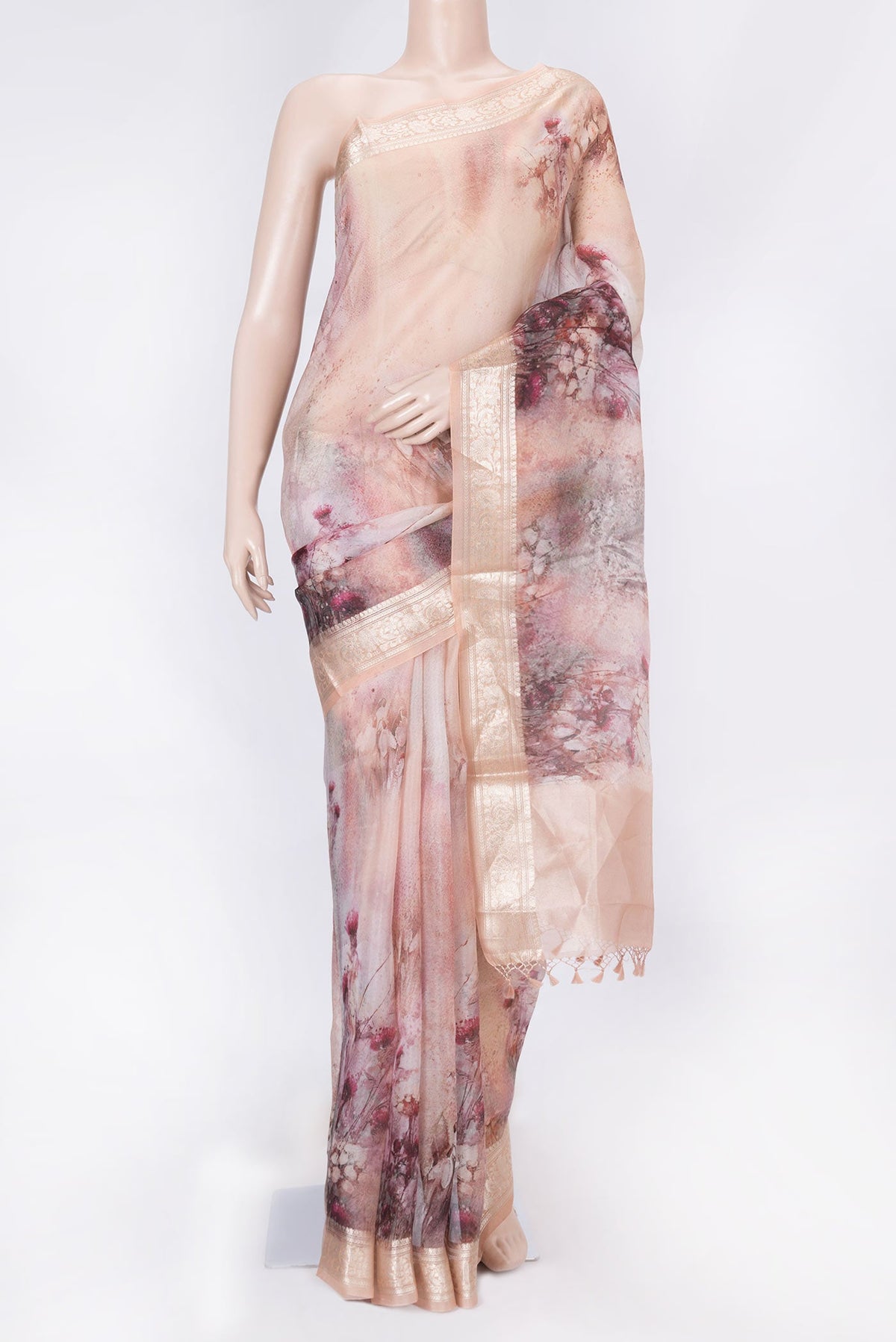 Pink Dual Tone Organza Silk Saree with Printed design on the body and Zari Border displayed on a mannequin
