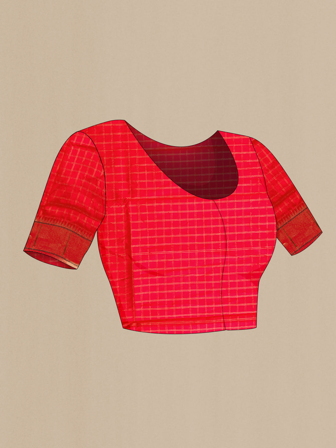 Close up image of the blouse of Red Dual Tone Paithani Silk Saree with Checked design on the body and Paithani Border. 