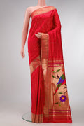 Red Dual Tone Paithani Silk Saree with Checked design on the body and Paithani Border.  displayed on a mannequin